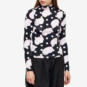 Sandy Liang Dunloe Top Polka Dot Wing Print Long Sleeve Mock Neck Tee Black S